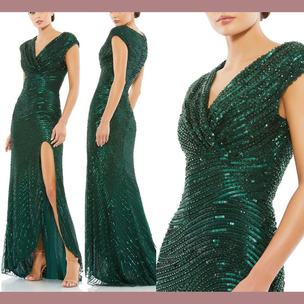 NWT $698 Mac Duggal [ 8 ] Cap Sleeve Sequined Evening Gown‎ Forest Green #G1679